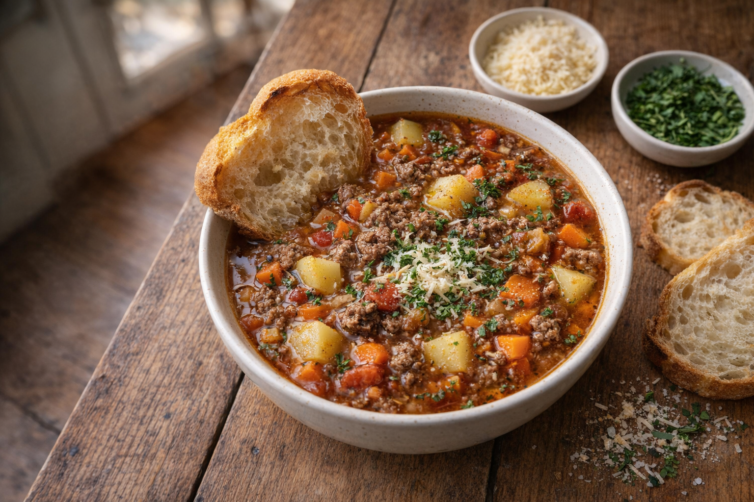An overhead shot of a plated bowl of hamburger soup with crusty bread, grated cheese, and fresh herbs, on a rustic wooden table, warm and inviting lighting